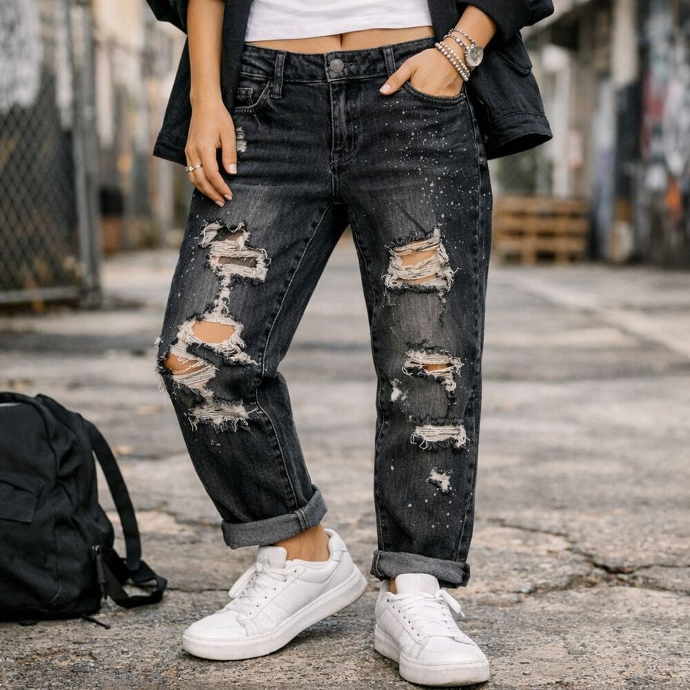 Judy Blue Boyfriend Jeans Women Size 25 Distressed Ripped Paint Splatter Black